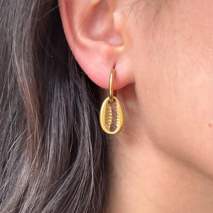 Gold Conch Shell Hoops, Cowrie Charm Earrings, Seashell Earrings, Stylish Gold Hoops, Sea Jewellery Gift, Beach Jewelry, Gold Boho Hoops
