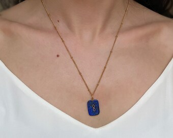 Lapis Lazuli Necklace, Blue Gemstone Infinity Pendant, Geometric Minimal Necklace, Gold Dainty Chain, Anniversary Gift, September Birthstone