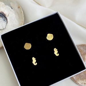 Set of 2 Tiny Stud Earrings Seahorse, Seashell, Ocean Jewellery, Unique Everyday Earrings, Gold Plated Studs, Beach Themed Gift