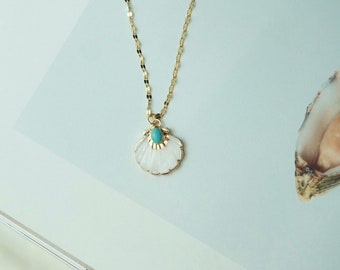 Collier coquillage naturel, pendentif pierre turquoise, collier en or, pendentif coquille Saint-Jacques, collier minimaliste coquillage, collier cadeau pour elle