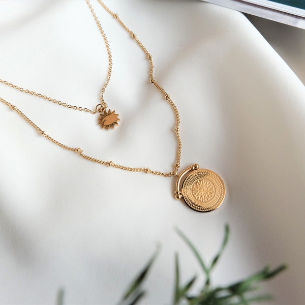 Harper Gold 2 Layered Necklace, Coin Multi Layer Necklace Set, Disc Pendant, Minimalist Jewellery, Stacking Necklace Valentine's Day Gift
