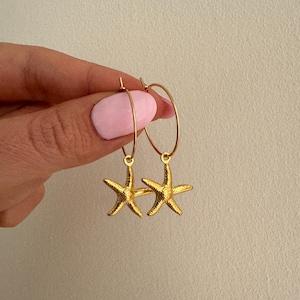Gold Starfish Hoops, Starfish Necklace, Coastal Beach Jewellery, Starfish earrings, Starfish Summer Charm Necklace, Beach Jewelry