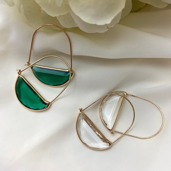 24k Gold Plated Earrings, Glass Minimalist Emerald Green Earrings, Clear Transparent Glass Earrings, Simple Earrings, Gift for Her