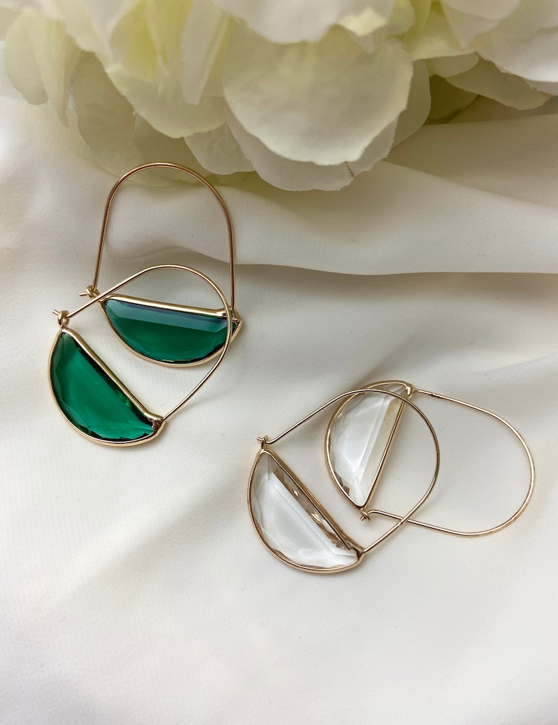 24k Gold Plated Earrings, Glass Minimalist Emerald Green Earrings, Clear Transparent Glass Earrings, Simple Earrings, Gift for Her image 1