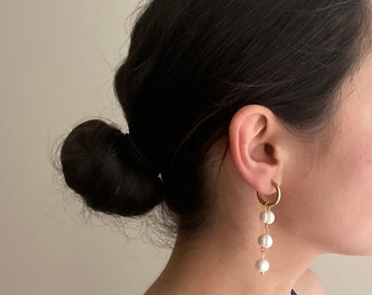 2in1 Hoop Pearls Earrings, Wedding Earrings, Bridesmaid Earrings, Elegant Gold Plated Freshwater Pearl Earrings, Everyday Gold Hoops
