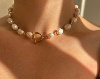 Pearl Choker, Toggle Clasp Pearl Necklace, Freshwater Pearl Necklace, Chunky Choker, Real Pearl Necklace, Gift for Her
