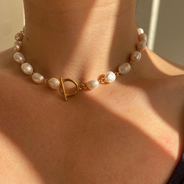 Ras de cou en perles, collier de perles à fermoir mousqueton, collier de perles d'eau douce, gros tour de cou, collier de vraies perles, cadeau pour elle