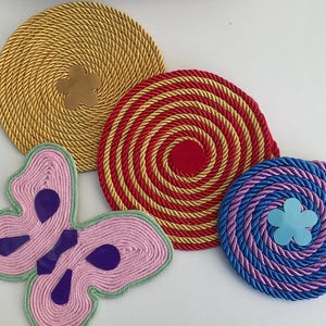 Christmas Macrame Table mat hot mat Macrame cord mat gold Red Turquoise pink Circular mats and Butterfly shaped mat 3 Different sizes 6” 8”