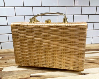 Vintage Wicker Box Handbag, Gold Handle Classic Purse