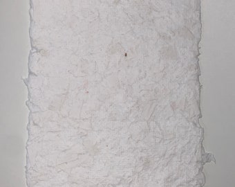 May include: A rectangular sheet of handmade paper with a rough, textured surface. The paper is off-white with visible fibers and a deckled edge, suggesting a natural, artisanal quality. Ideal for art projects.