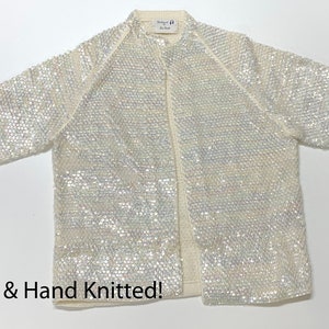 Vintage Hand Knit Sequined Sweater, Cream Colored Sweater, 3/4 Sleeves, Emile Bernat & Sons