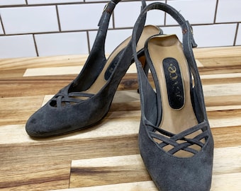 Vintage Gray Suede Strap Heels, Women's Suede Shoes, Gray Heels