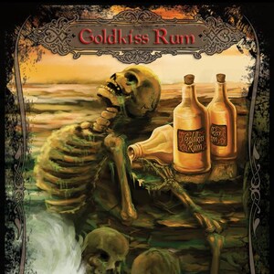 May include: An illustrated card featuring a skeleton, rum bottles, and the text "Goldkiss Rum." The card has a dark, aged aesthetic with a fantasy theme. The text at the bottom reads "Generic Token - Item."