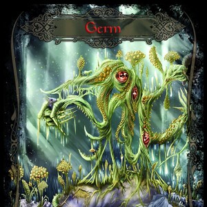May include: A green, fleshy, multi-eyed creature with a small, white bird perched on its arm. The creature is surrounded by a field of yellow and white mushrooms. The image is titled "Germ".