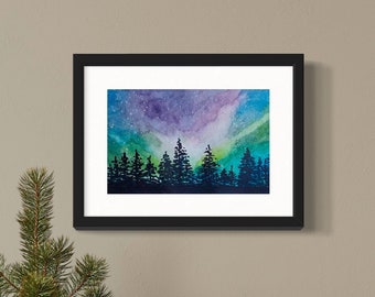 Northern Lights Giclee Print: Aurora Borealis Watercolor Art