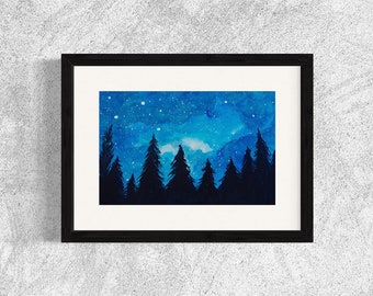 May include: A framed watercolor painting of a dark blue night sky with white stars and a crescent moon over a silhouette of a forest of pine trees.