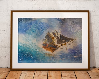 Pirate Ship Watercolor Print, Nautical Watercolor Print, Stormy Ocean Watercolor Print