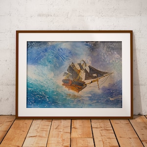 Pirate Ship Giclee Print | Nautical Watercolor Print | Stormy Ocean Watercolor Print | Seascape Print | Nautical Decor | Stormy Sea Art