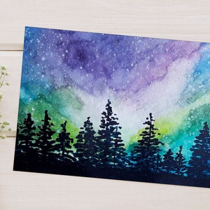 Aquarelles aurores boréales | Cartes de voeux vierges | Art des aurores boréales | Cartes de correspondance d'aurores boréales à l'aquarelle | Oeuvres d'art à encadrer