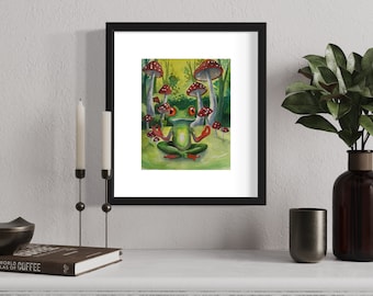 Yoga Frog Watercolor Print | Mushroom Watercolor | Frog and Mushroom Watercolor Giclee Print | Fine Art Print | 5 x 7 | 8 x 10 | 11 x 14