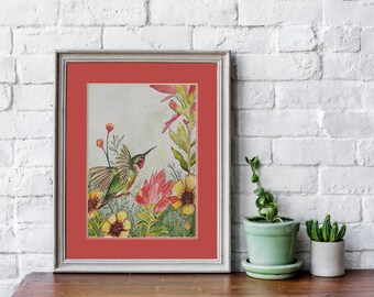 Hummingbird in Flowers Watercolor Matted Print- Watercolor Bird Print - Hummingbird Watercolor - Ink and Wash Hummingbird Print