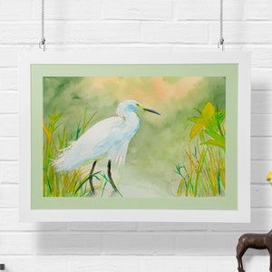 White Egret Giclee Print | Water Bird Watercolor Painting | Coastal Bird Art | Egret Shoreline Art Print | Coastal Nature Decor