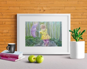 Rainy Day Watercolor Painting - Girl With Umbrella Watercolor Painting - Rainy Day Watercolor Print