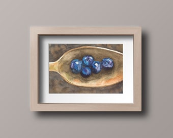 Blueberries Watercolor Painting - Berries and Spoon Watercolor Painting - Blueberries Watercolor Print