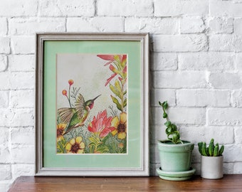 Hummingird in Flowers Watercolor Painting - Watercolor Bird Print - Hummingbird Watercolor- Bird Painting - Ink and Wash Hummingbird Print