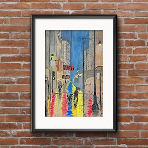 Rainy Night in the City Watercolor Painting | City Lights Watercolor Print | Urban Landscape Art | Reflective Cityscape | Wet Streets Art