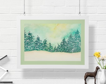 Snowy Forest Giclee Print: Winter Landscape Watercolor Art