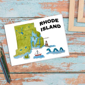 Cartões de Mapa de Rhode Island | Cartões de Mapa Artísticos de Rhode Island | Cartões de Aquarela de Rhode Island | Cartões de Saudação de Aquarela e Design Gráfico