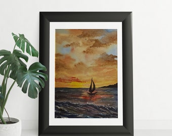 Sailboat in Sunset Watercolor Painting - Oceanscape Painting - Sailboat Watercolor Print