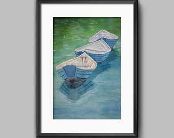 Boats Watercolor Print, Aquarelle, Aquarelle, Impression aquarelle nautique, Impression à l’aquarelle