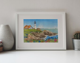 Portland Head Lighthouse Watercolor Print, Maine Lighthouse Watercolor Print, New England Lighthouse Painting