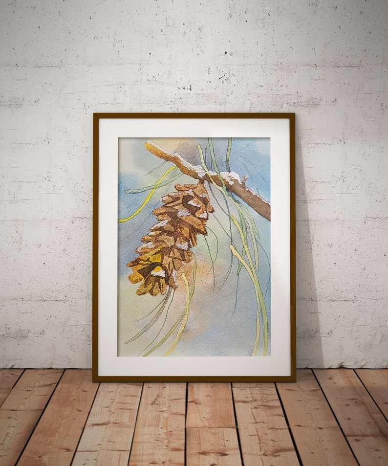 Pinecone Watercolor Pinecone Print Winter Watercolor Print image 1