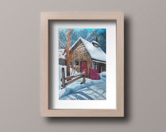 Rustic Snowy Cabin Watercolor Painting - Rustic Cabin Landscape Painting - Snowy Cabin Watercolor Print