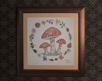 Paddenstoelen en bos aquarel print, inkt en wassen print, bos aquarel print