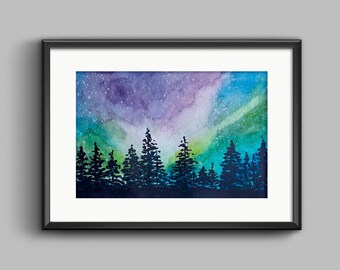 Northern Lights Watercolor Painting - Night Sky Watercolor Painting - Aurora Borealis Watercolor Print, Galaxy Watercolor Print