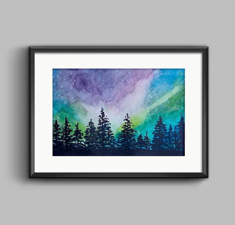 Northern Lights Watercolor Painting Night Sky Watercolor Painting Aurora Borealis Watercolor Print, Galaxy Watercolor Print image 1