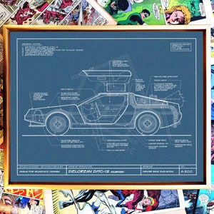 DeLorean DMC Time Machine Architectural Art Blueprint, DeLorean Art, Back to the Future Fan Art, 1980s movie, Back to the Future Poster