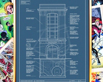 Ghostbusters Headquarters Inspired Art Blueprint, Ghostbusters Art, Ghostbusters Fan Art, 1980s movie, Ghostbusters Poster