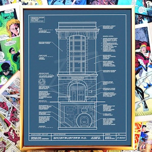 Ghostbusters Headquarters Inspired Art Blueprint, Ghostbusters Art, Ghostbusters Fan Art, 1980s movie, Ghostbusters Poster