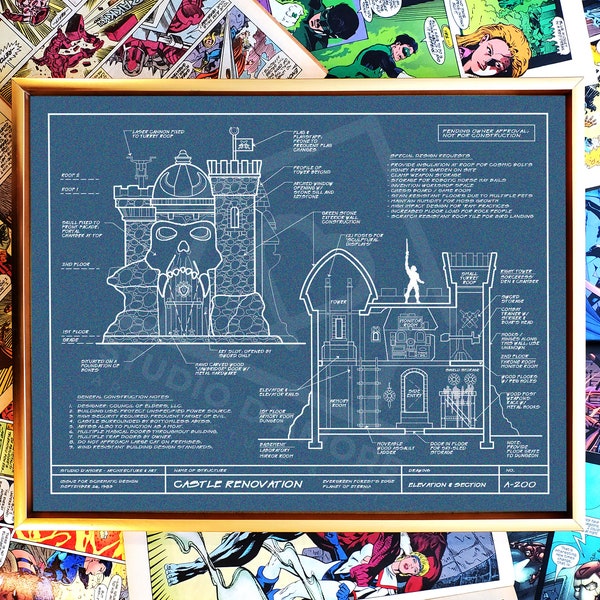 Castle Grayskull Inspired Architectural Art Blue Print, He-Man Fan Art, Masters of the Universe Art, MOTU Art