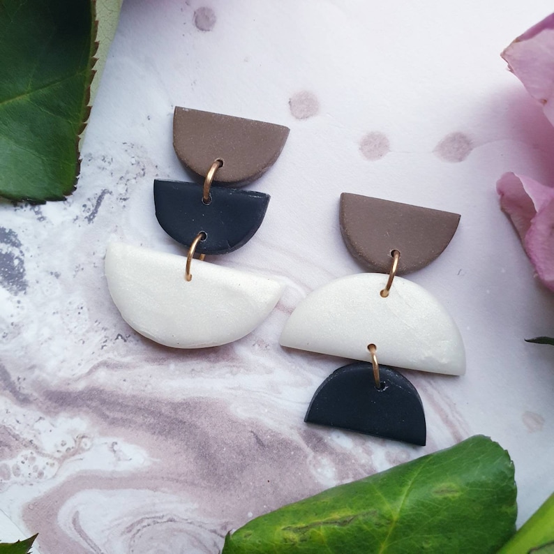 Mismatched Earrings Color Block Dangles Pearl Brown and Black Earrings Semicircle Jewelry Geo Gift for Her Friend Basic Jewelry Earrings