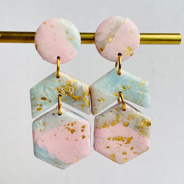 Dangle pastel coloured with Gold details polymer clay earrings, statement earrings, gold stud dangles, multicoloured dangles, summer jewels