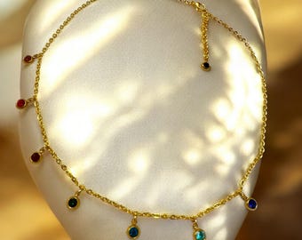 Gold Plated Rhinestone Charm Necklace, Colorful Pendants, Dainty Layering Jewelry