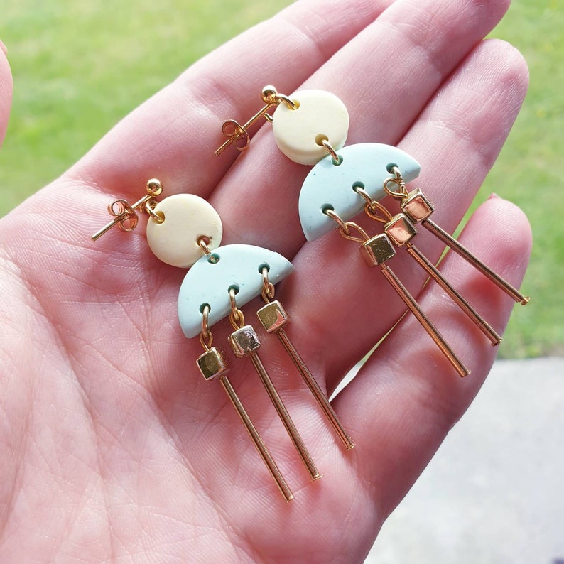 Mint and Pale Yellow Dangle Earrings Clay Earrings Pastel Etsy