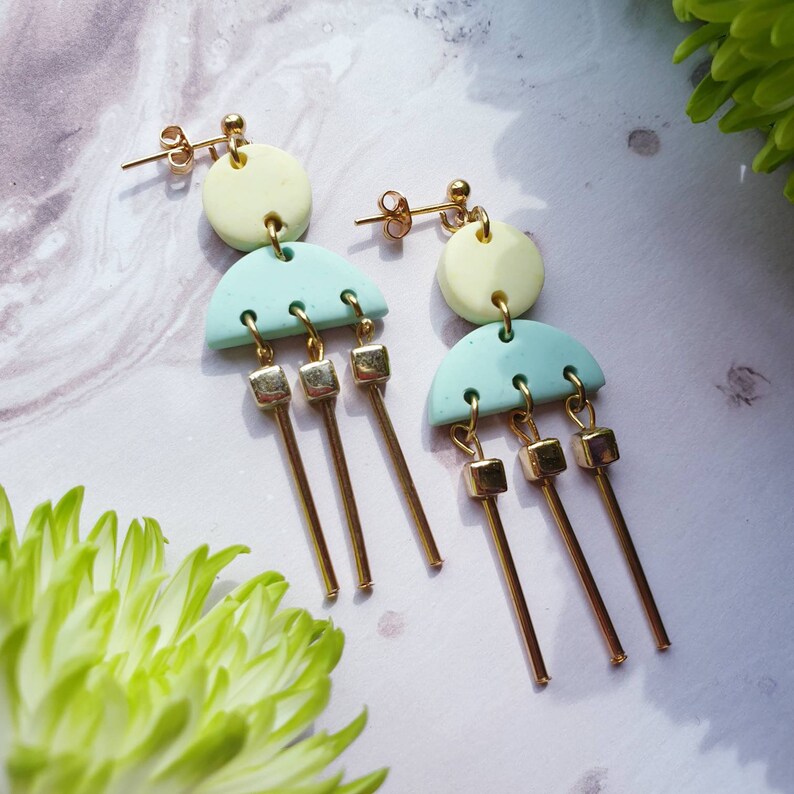 Mint and Pale Yellow Dangle Earrings Clay Earrings Pastel Etsy