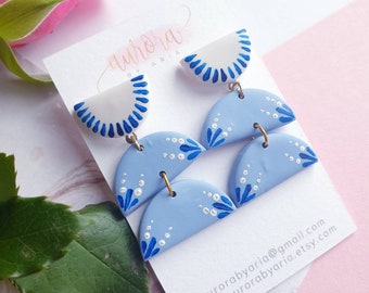 Semicircle Drop Painted Earrings White and Blue Jewelry Studs Clip ons Bridesmaids Jewelry Gift Ideas Wedding Earrings Geometric Victorian